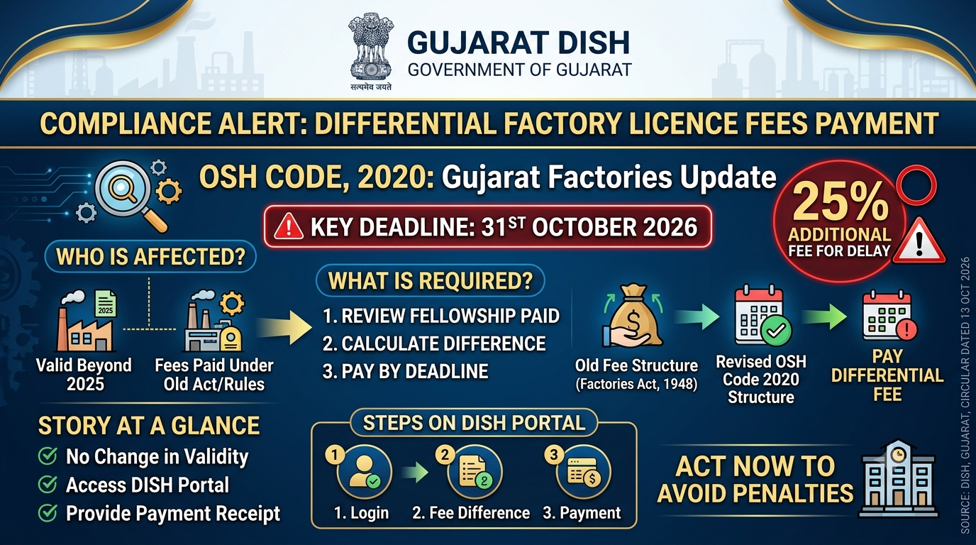 Gujarat Factory Licence Fee Update: Existing Licence Holders Must Pay Differential Fees by 31 October 2026
