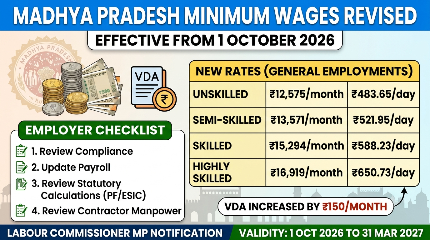 Madhya Pradesh Minimum Wages Revised – New VDA Rates Effective from 1 October 2026